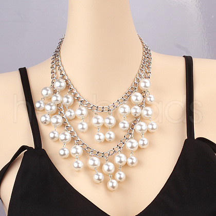 Alloy & Plastic Imitation Pearl Round Beaded Double Layer Tassel Bib Necklaces for Women FS-WG430C8-04-1