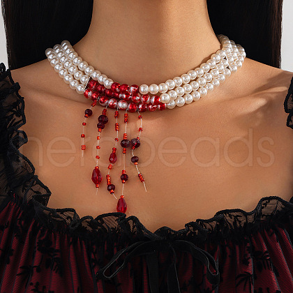 Retro Gothic Acrylic and Imitation Pearl Bloody Round Beaded Milti-strand Choker Necklaces for Women FS-WGACA63-06-1