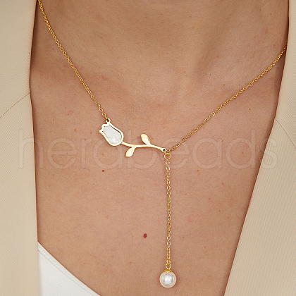 Elegant Stainless Steel Tulip Flower Link Chain Imitation Pearl Tassel Necklaces for Women's Daily Wear TI9112-1-1