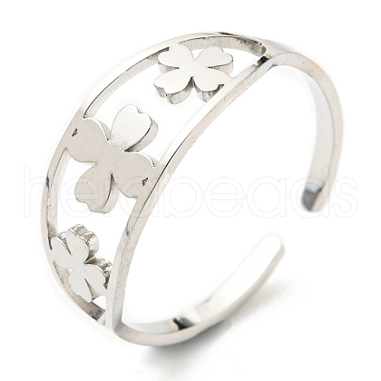 Non-Tarnish 304 Stainless Steel Clover Open Cuff Ring RJEW-F149-04P-1