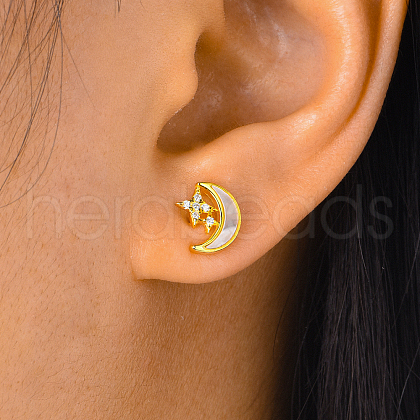 Minimalist S925 Sterling Silver Clear Cubic Zirconia Star with Moon Stud Earrings LK9436-1