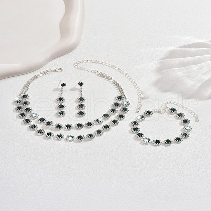 Flower Alloy Rhinestone Chain Double Layer Necklaces & Stud Dangle Earrings & Bracelets Sets FS-WG0F210-04-1