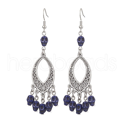Halloween Skull Dyed Synthetic Turquoise & Alloy Dangle Earrings EJEW-JE05890-04-1