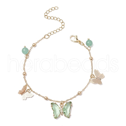 Round 6mm Natural Green Aventurine & Butterfly Glass Charm Bracelets BJEW-TA00525-1