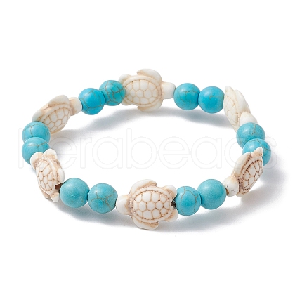 Round & Turtle Dyed Synthetic Turquoise & Magnesite Beaded Stretch Bracelets for Women BJEW-JB10936-02-1