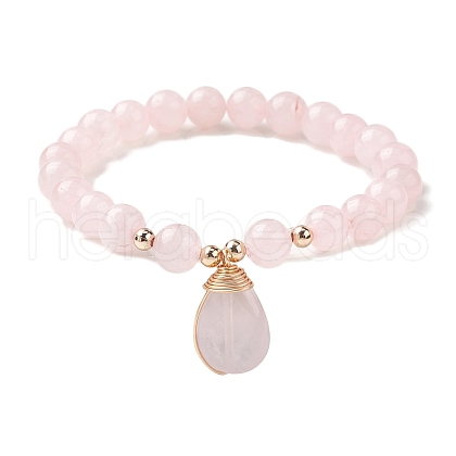 Natural Rose Quartz Stretch Bracelets with Teardrop Charms for Women BJEW-JB10110-04-1