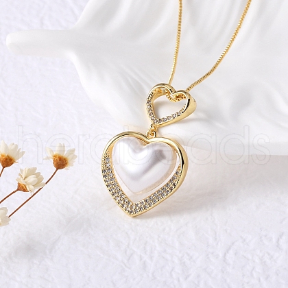 Brass Micro Pave Clear Cubic Zirconia & Plastic Double Heart Pendant Necklaces for Women NJEW-D305-01G-1
