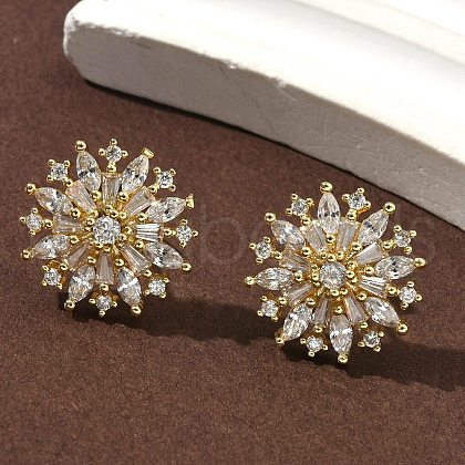 Flower Brass Micro Pave Clear Cubic Zirconia Studs Earrings EJEW-K289-11G-1