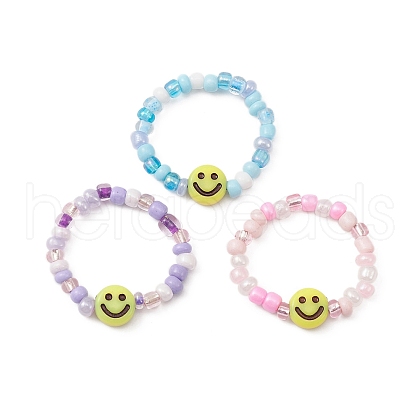 3Pcs 3 Color Glass Seed & Acrylic Smiling Face Beaded Stretch Rings Set RJEW-JR00577-1