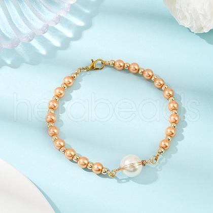 Glass Pearl Round Beaded Link Bracelets for Women BJEW-JB11975-02-1