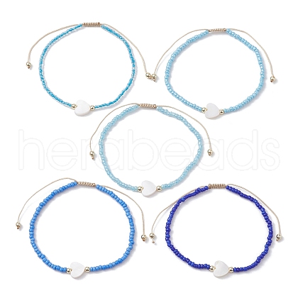 5Pcs 5 Colors Natural Shell Heart & Seed Braided Bead Bracelets Set BJEW-JB10039-01-1