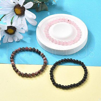 3Pcs 3 Style Natural Rhodonite & Black Agate & Rose Quartz Round Beaded Stretch Bracelets Set PW23030761414-1