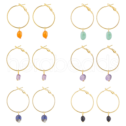6 Pair 6 Style Natural Mixed Gemstone Nuggets Dangle Hoop Earrings EJEW-AB00050-1