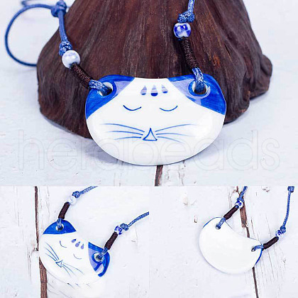 Retro Ethnic Porcelain Pendant Adjustable Polyester Cord Necklaces for Women FS-WGD020A-06-1