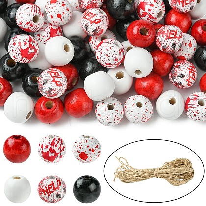 Halloween Theme Printed Natural Wooden Beads WOOD-YW0001-22-1