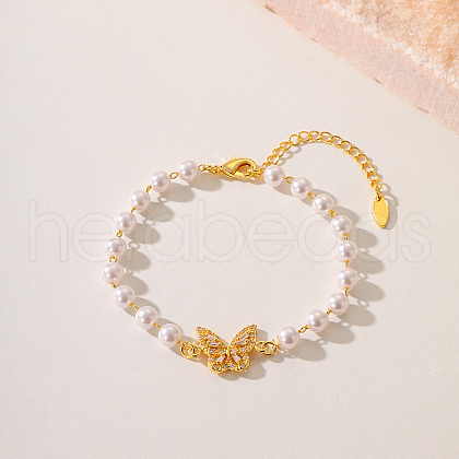 Fashionable Butterfly Brass Crystal Rhinestone & Imitation Pearl Braided Bead Bracelets for Women DV0214-5-1