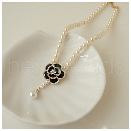 Camellia Flower Alloy & Plastic Pearl Pendant Choker Necklaces FS-WG7D65B-03-1