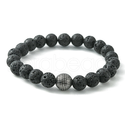 Natural Lava Rock & 316 Surgical Stainless Steel Round Beaded Stretch Bracelet BJEW-JB09440-1