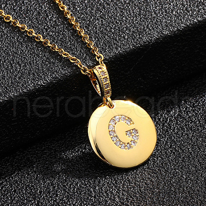 Brass Micro Pave Clear Cubic Zirconia Flat Round with Letter Pendant Necklaces FS-WG00655-07-1