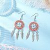 Flat Round with Feather Handmade Glass Seed Beads Chandelier Earrings EJEW-MZ00473-02-1