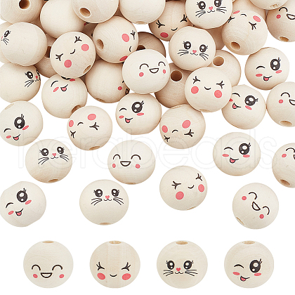   80Pcs 4 Styles Printed Wooden European Beads WOOD-PH0002-97-1