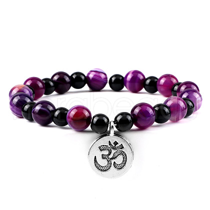 Yoga Natural Dyed Purple Banded Agate Round Beads Charm Bracelets HP5240-7-1