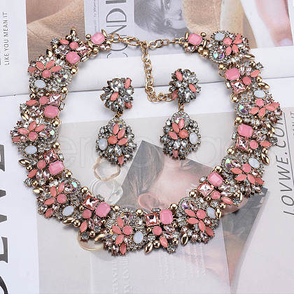Flower Alloy Rhinestone Chain Necklaces & Stud Dangle Earrings Sets FS-WG8AADA-08-1