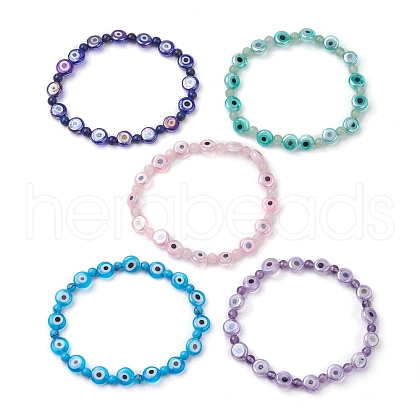 Mixed Gemstones Handmade Evil Eye Lampwork Beaded Stretch Bracelets BJEW-JB10208-1