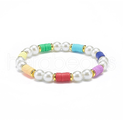 Polymer Clay Heishi & Glass Pearl & Brass Beaded Stretch Bracelet for Women BJEW-JB08754-1