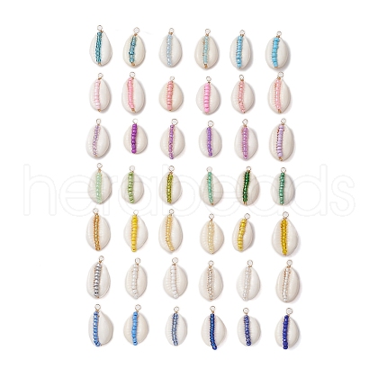 42Pcs 42 Styles Natural Cowrie Shell & Glass Seed Beads Pendants PALLOY-JF02759-1