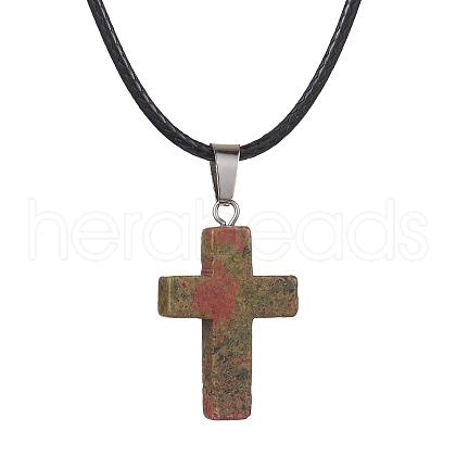 Natural Unakite Cross Pendant Necklaces NJEW-JN04624-02-1