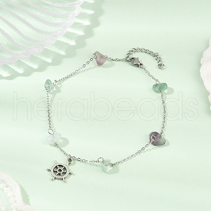 Natural Fluorite Chip Bead Chain Anklets AJEW-AN00671-02-1