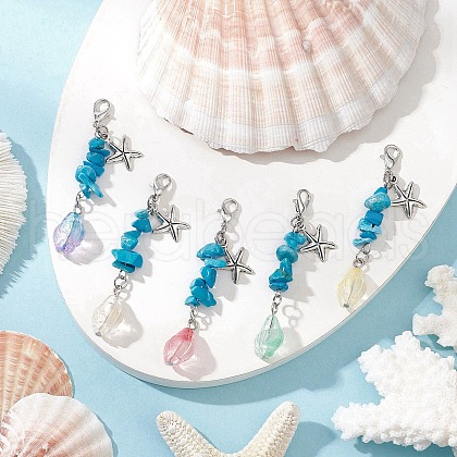 Glass Conch & Alloy Starfish Pendant Decorations HJEW-JM03217-1