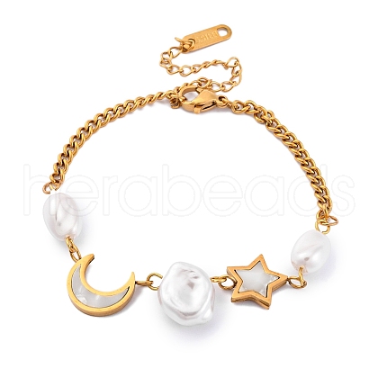 Natural Shell Moon & Star Link Bracelet BJEW-M292-02G-1-1
