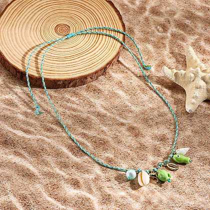 Summer Beach Porcelain Fish & Natural Cowrie Shell Pendant Cotton Cord Adjustable Necklaces FS-WG63638-04-1