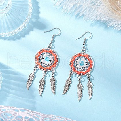 Flat Round with Feather Handmade Glass Seed Beads Chandelier Earrings EJEW-MZ00473-02-1