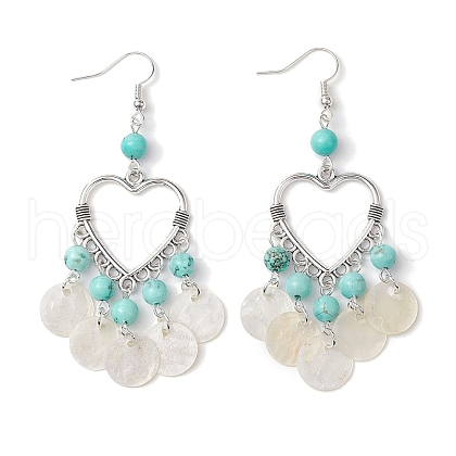Heart Synthetic Turquoise & Capiz Shell Chandelier Earrings EJEW-TA00490-1