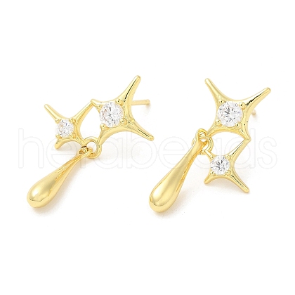 Rack Plating Brass Pave Cubic Zirconia Star with Teardrop Dangle Stud Earrings for Women EJEW-D059-25G-1