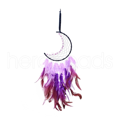 Moon Woven Net/Web with Feather Pendant Decoration HJEW-I013-03-1