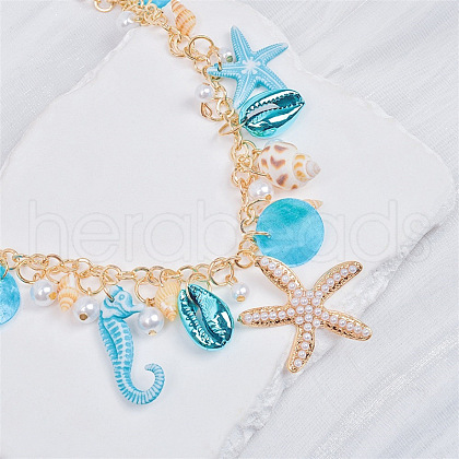 Alloy & Plastic Pearl & Natural Shell Pendant Necklaces FS-WG21E05-02-1
