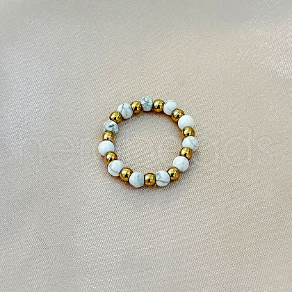 201 Stainless Steel with Natural Howlite Round Beaded Stretch Finger Rings FS-WGCE9C4-02-1