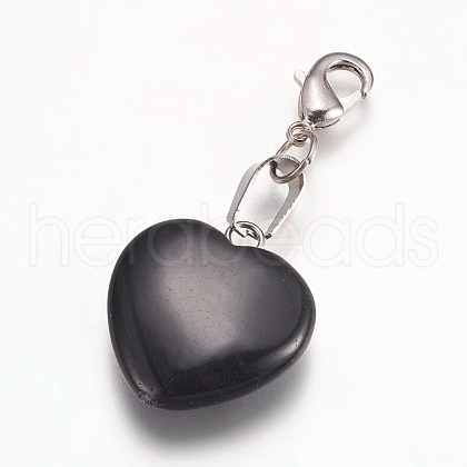 Heart Natural Black Stone Pendant Decorations HJEW-PH01132-14-1