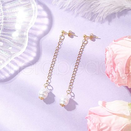Glass Imitation Pearl Round Tassel Stud Earrings EJEW-JE06453-02-1
