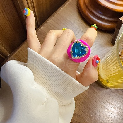 Heart Resin & Crystal Rhinestone & Glass Finger Rings FS-WGE223F-02-1