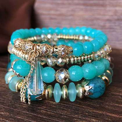 4Pcs 4 Styles Bohemian Style Alloy Glass Round Beaded Stretch Bracelets FS-WG80D8B-02-1