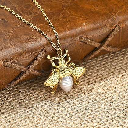 304 Stainless Steel & Plastic Pearl Bees Pendant Cable Chain Necklaces NJEW-U023-03G-1