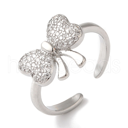 Bowknot Brass Micro Pave Clear Cubic Zirconia Open Cuff Rings for Women RJEW-C098-03P-1