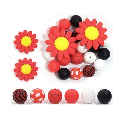 23Pcs Sunflower & Round Silicone Focal Beads SIL-L005-01F-1