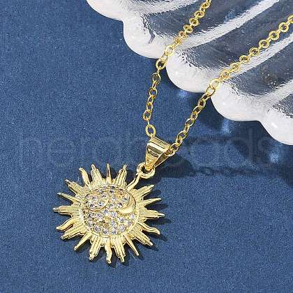 Brass Micro Pave Clear Cubic Zirconia Sun Pendant Necklaces for Women NJEW-S449-05A-G-1