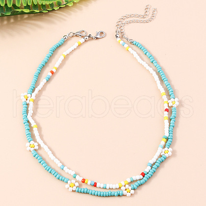 2Pcs Flower Glass Seed Beaded with Plastic Pearl Beaded Necklace Sets for Women FS-WGE85A7-15-1